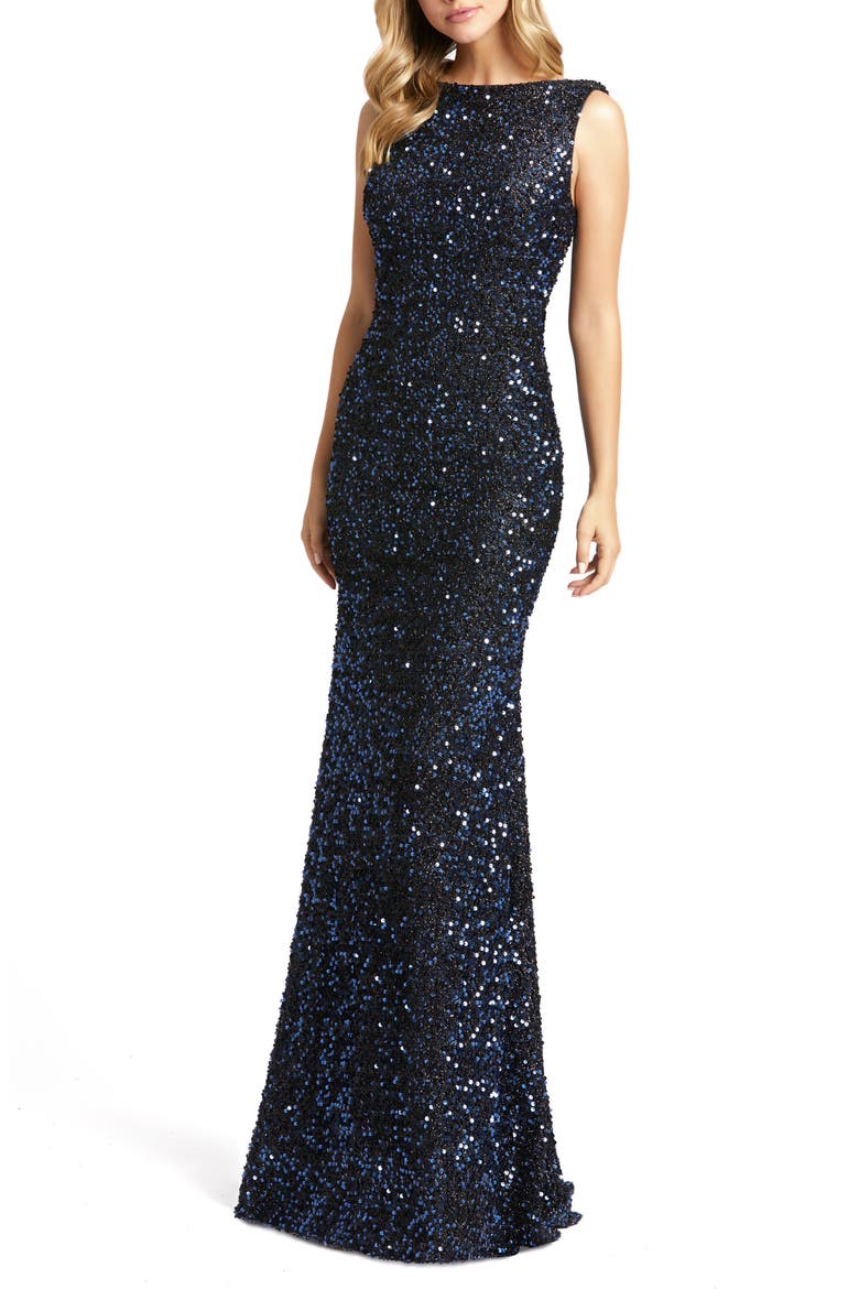 Open Cowl Back Boat Neck Sequined Evening Gown, Main, color, MIDNIGHT