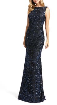 Mac Duggal Open Cowl Back Boat Neck Sequined Evening Gown