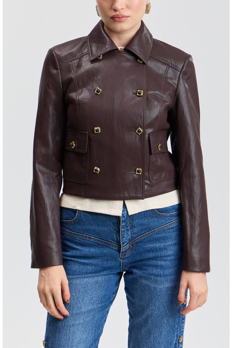 Double Breasted Cropped Faux Leather Jacket, Main, color, RAISIN