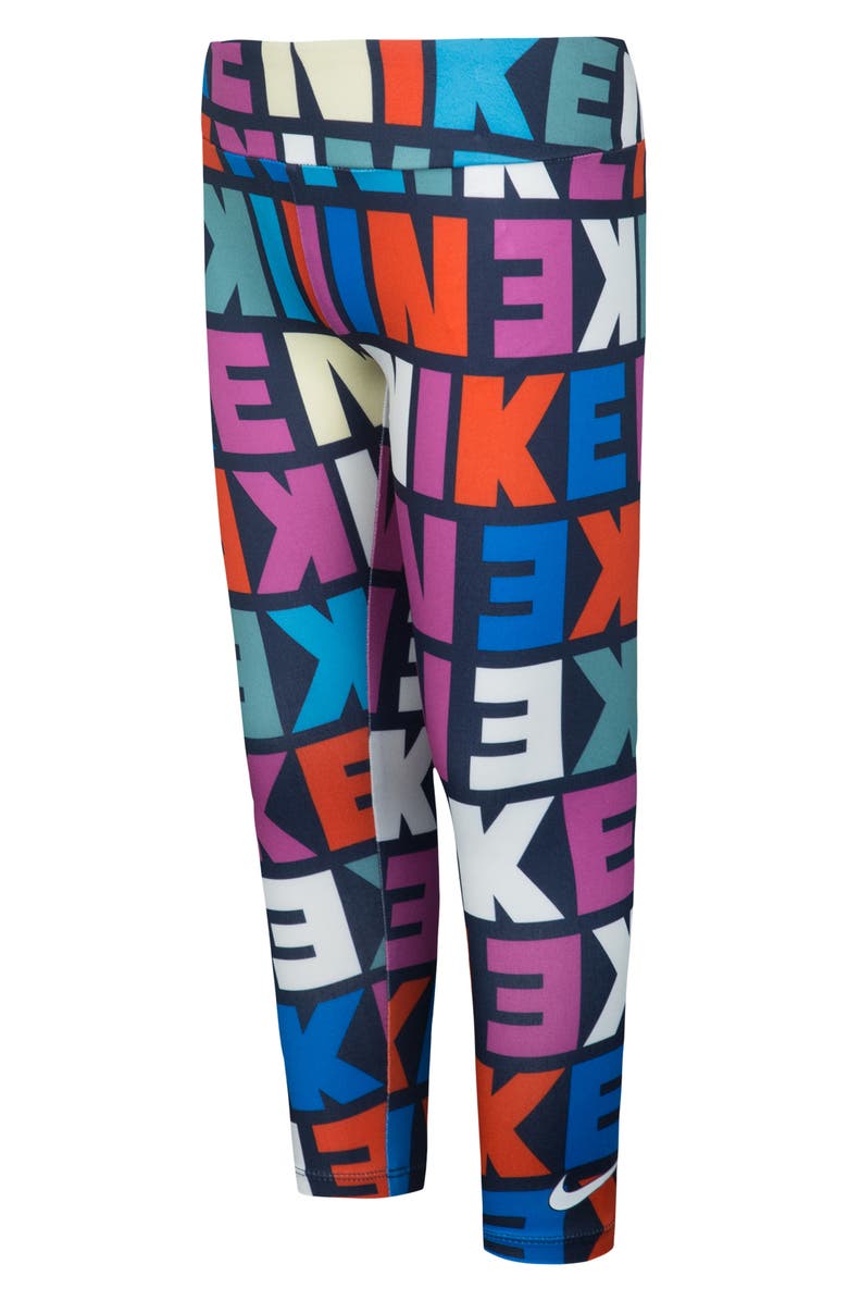 Nike Kids' Block Logo Print Leggings, Alternate, color, Obsidian
