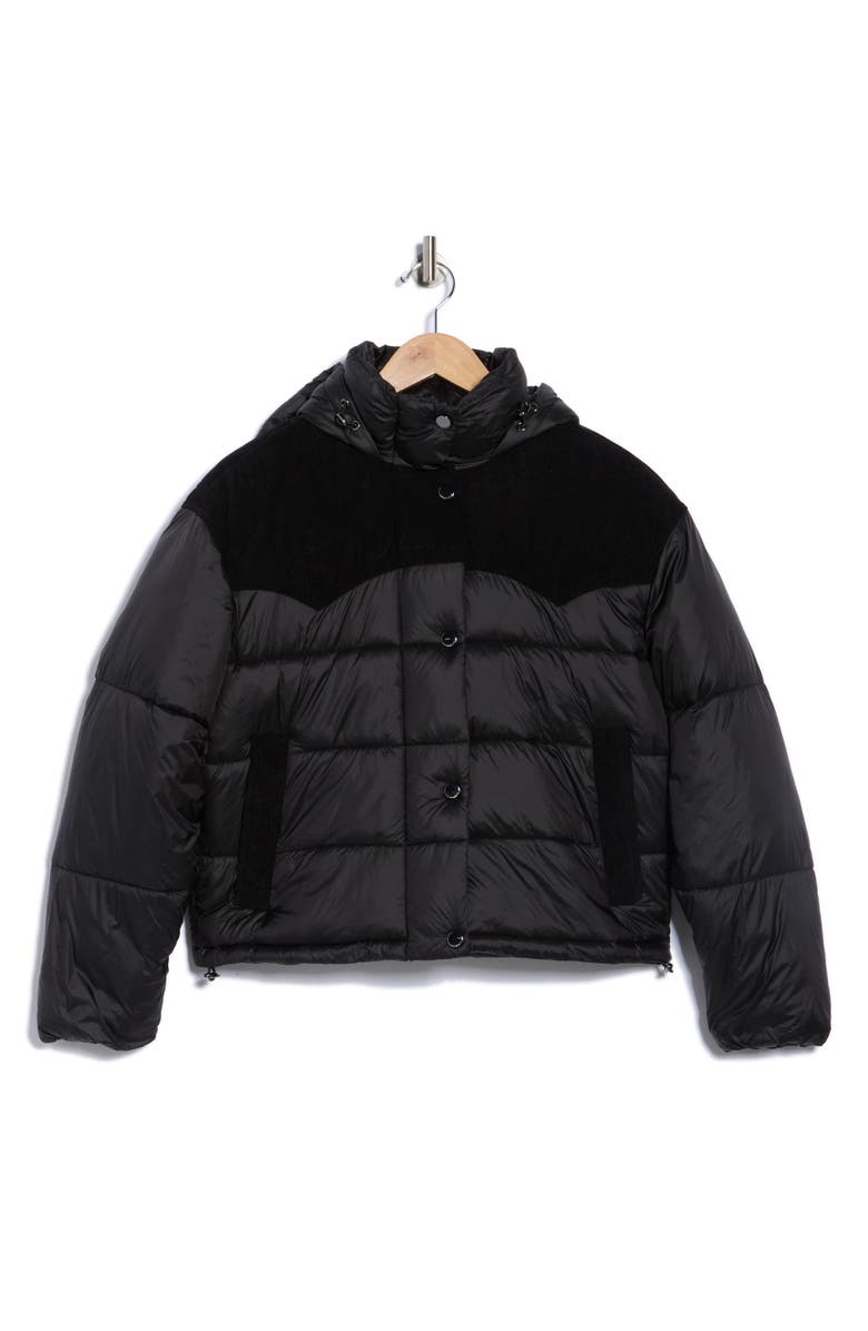 Lucky Brand Corduroy Trim Hooded Crop Puffer Jacket, Alternate, color, Black