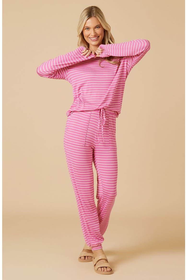 Dream Jersey Long Sleeve Crew Neck Lounge Set with Jogger Pant, Main, color, Fuchsia Stripe