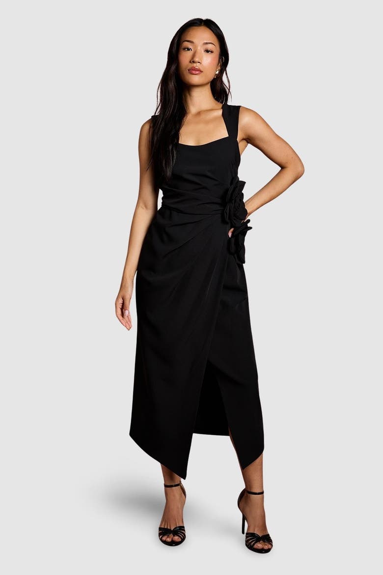 Corsage Pleated Pencil Midi Dress, Main, color, Black