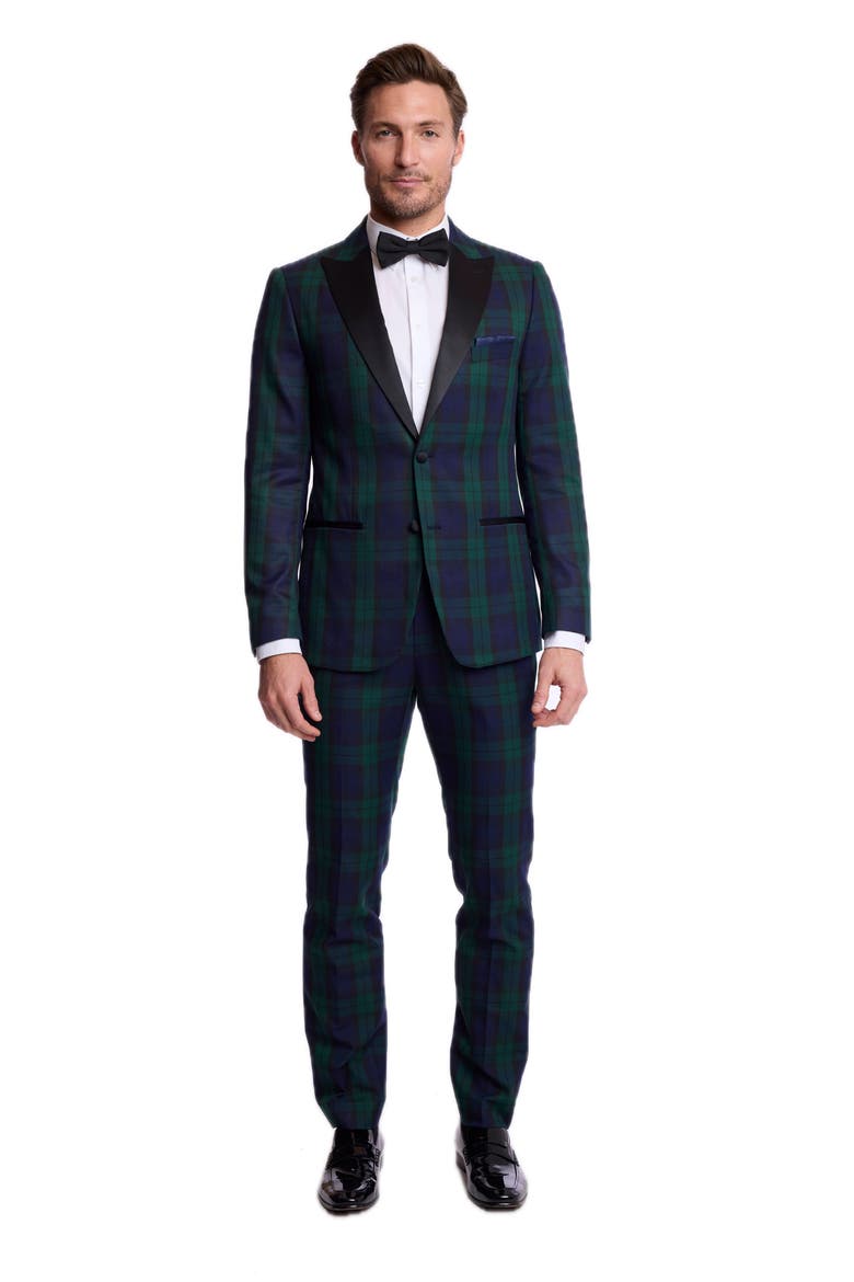Sloane Mid Rise Slim Fit Tuxedo Pants, Alternate, color, BLACK WATCH TARTAN