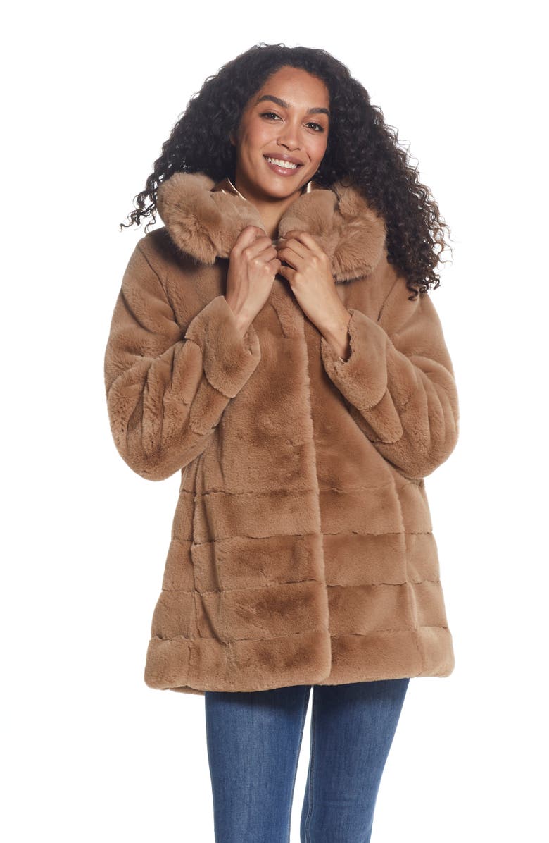 Gallery Hooded Faux Fur Coat, Alternate, color, Camel