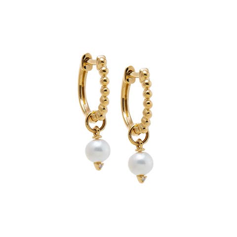 Diamond Beaded Pearl Drop Huggie Earring 14K