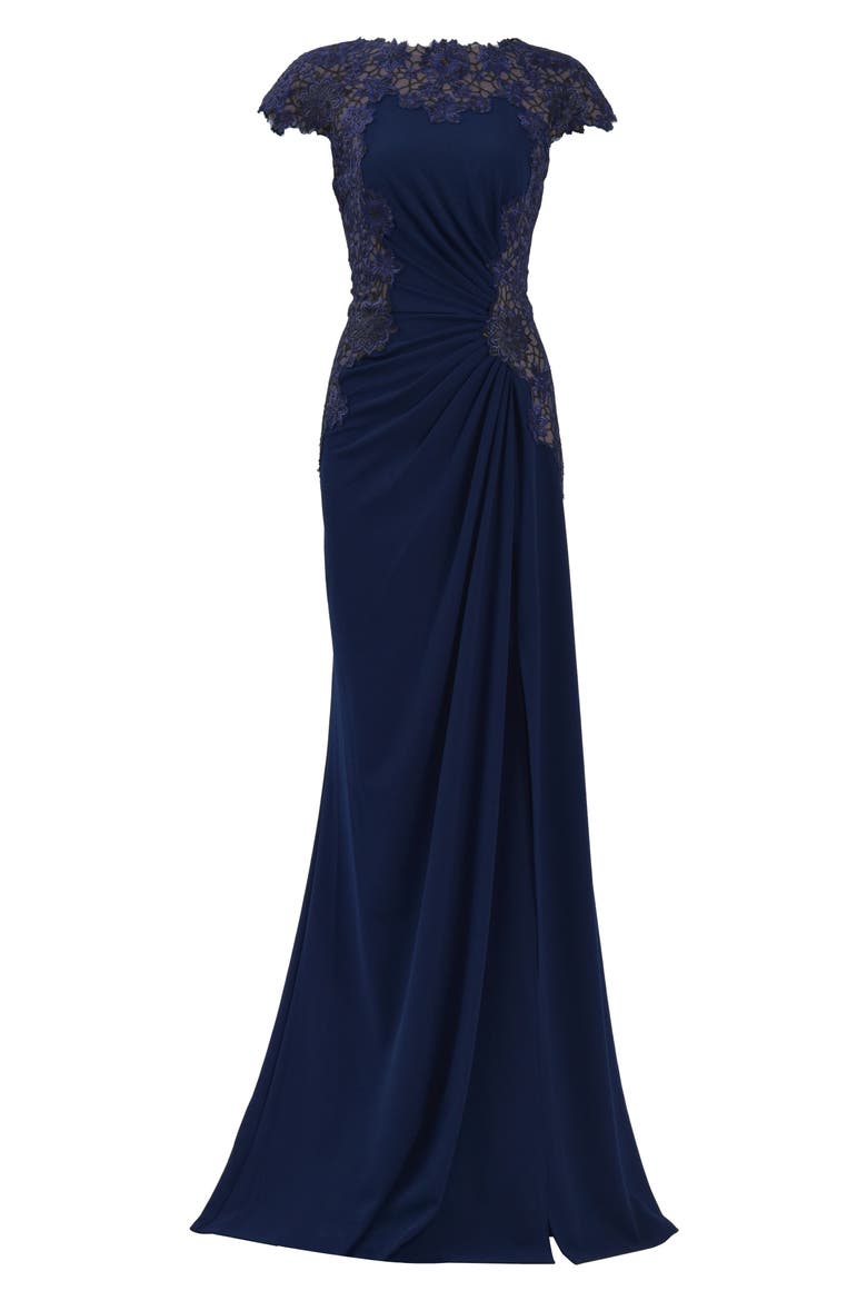 Embroidered Side Ruched Cap Sleeve Gown, Alternate, color, MIDNIGHT