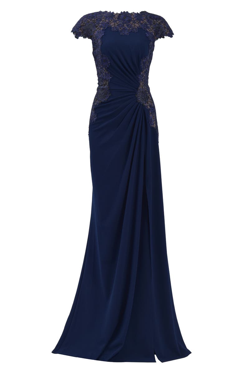 Tadashi Shoji Embroidered Side Ruched Cap Sleeve Gown, Alternate, color, Midnight