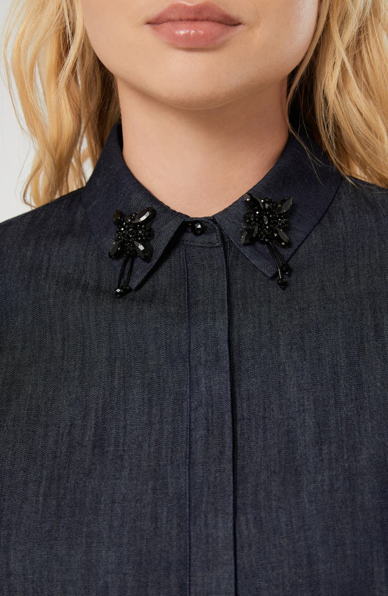 Marina Rinaldi Abile Beaded Collar Denim Jacket, Alternate, color, Blue Jeans