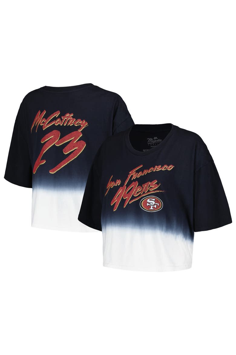 Women's Majestic Threads Christian McCaffrey Black/White San Francisco 49ers Dip-Dye Player Name & Number Crop Top, Main, color, Black