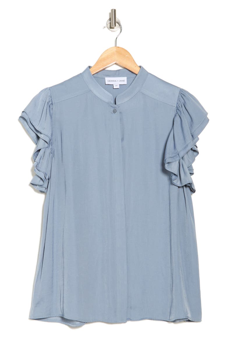 Ruffle Sleeve Button-Up Shirt, Alternate, color, PETROL BLUE