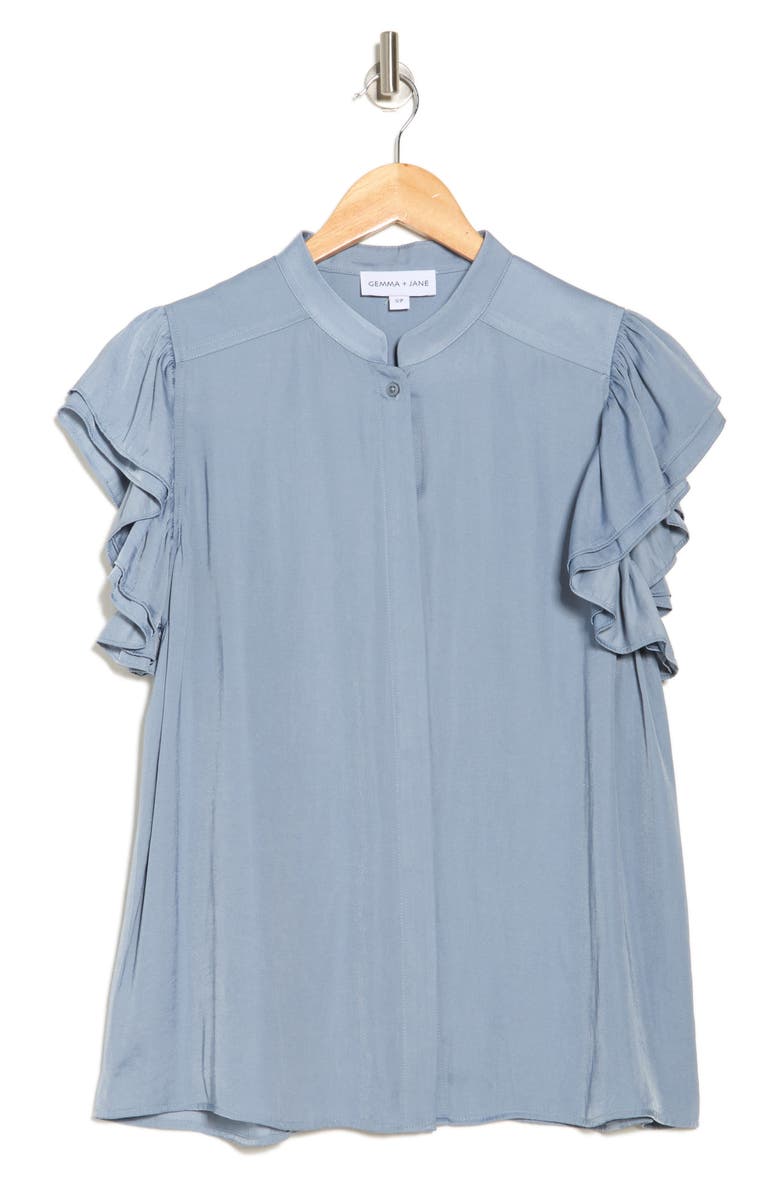 Gemma + Jane Ruffle Sleeve Button-Up Shirt, Alternate, color, Petrol Blue