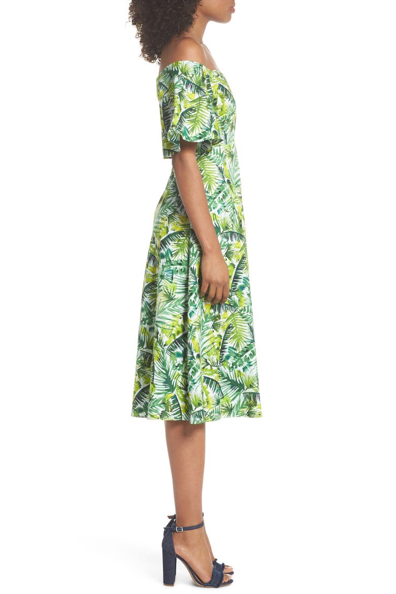 Palm Print Off the Shoulder Dress, Alternate, color, SOFT WHITE/ GREEN