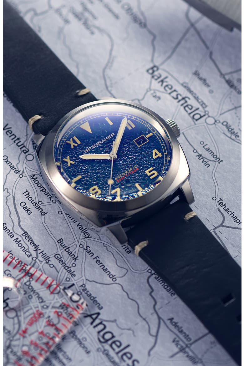 Hull California Automatic Leather Strap Watch, 42mm, Alternate, color, BLUE