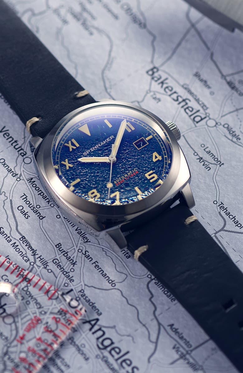 SPINNAKER Hull California Automatic Leather Strap Watch, 42mm, Alternate, color,