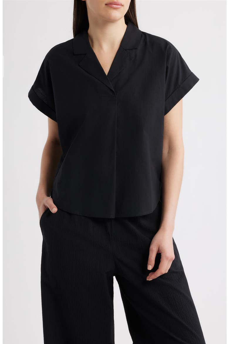 NOTCH COLLAR TOP W/ CUFFED CAP SLV, Main, color, BLACK