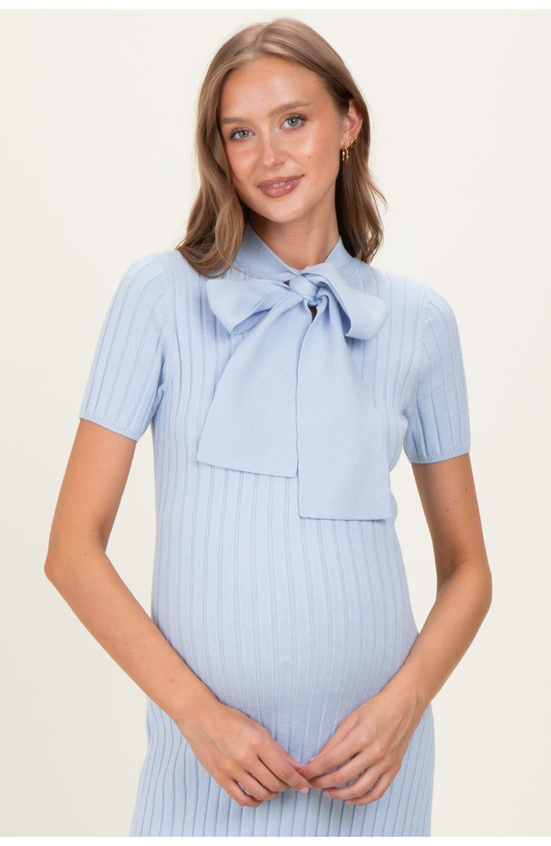 PinkBlush Ribbed Knit Tie Neck Midi Dress, Alternate, color, Light Blue
