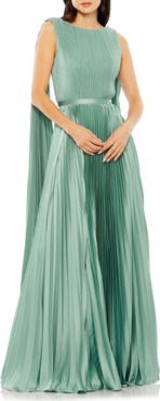 Mac Duggal Sleeveless High Neck Cape Back Heat Pleated Gown