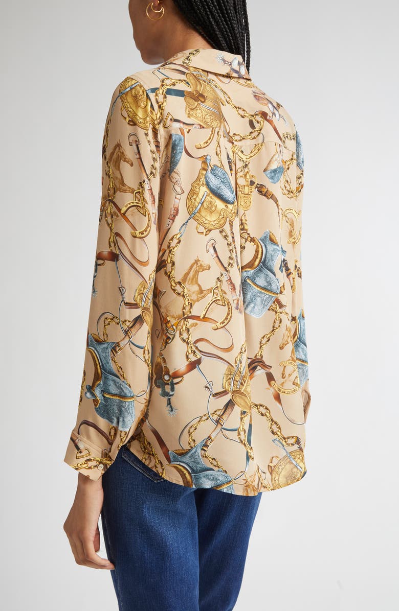L'AGENCE Nina Chain Print Silk Button-Up Shirt, Alternate, color, Dk Cppccno Mlt Equestrian Sdl
