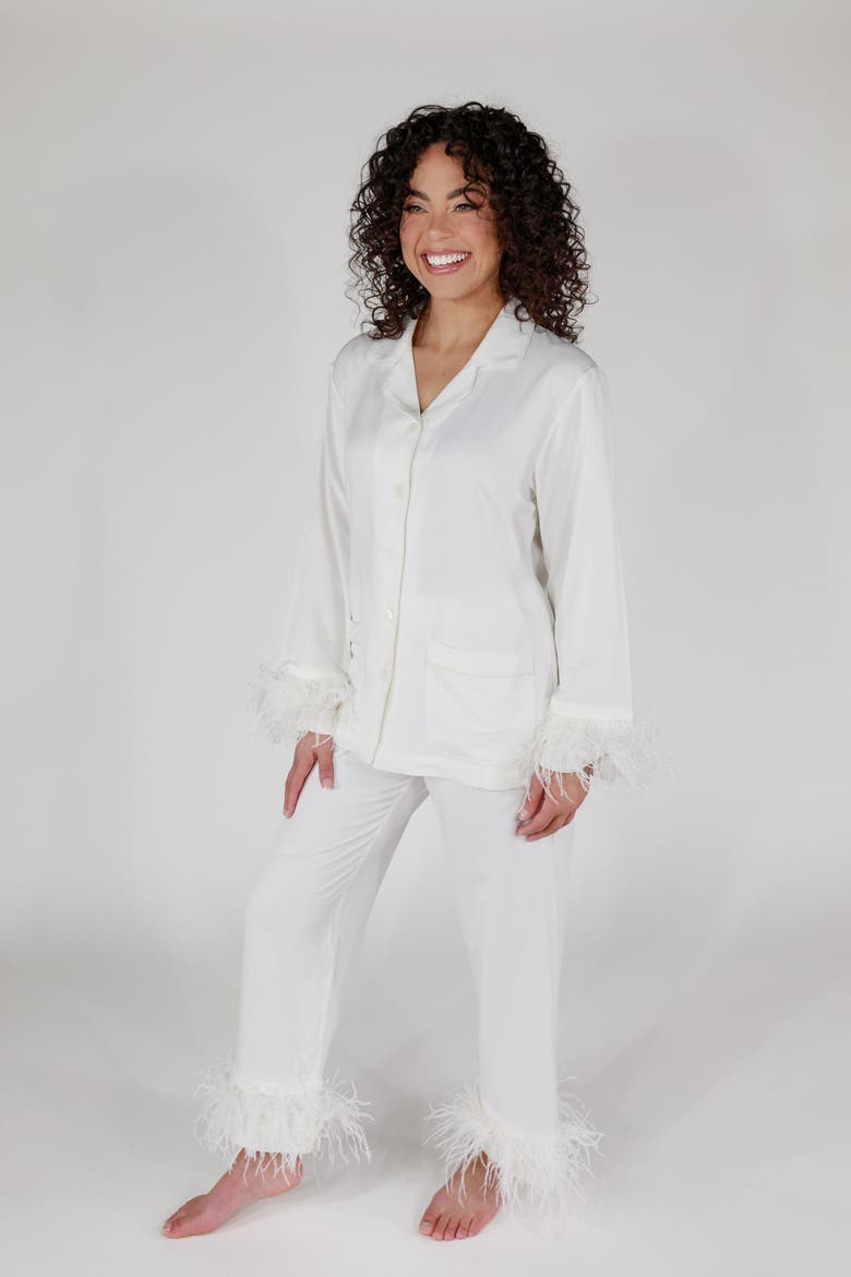 Feather Long Sleeve & Cropped Pant Pajama Set, Alternate, color, Classic White