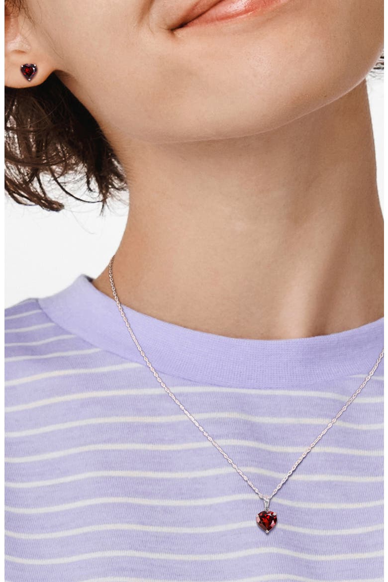 Sterling Silver Garnet Heart Stud Earrings & Necklace Set, Alternate, color, RED
