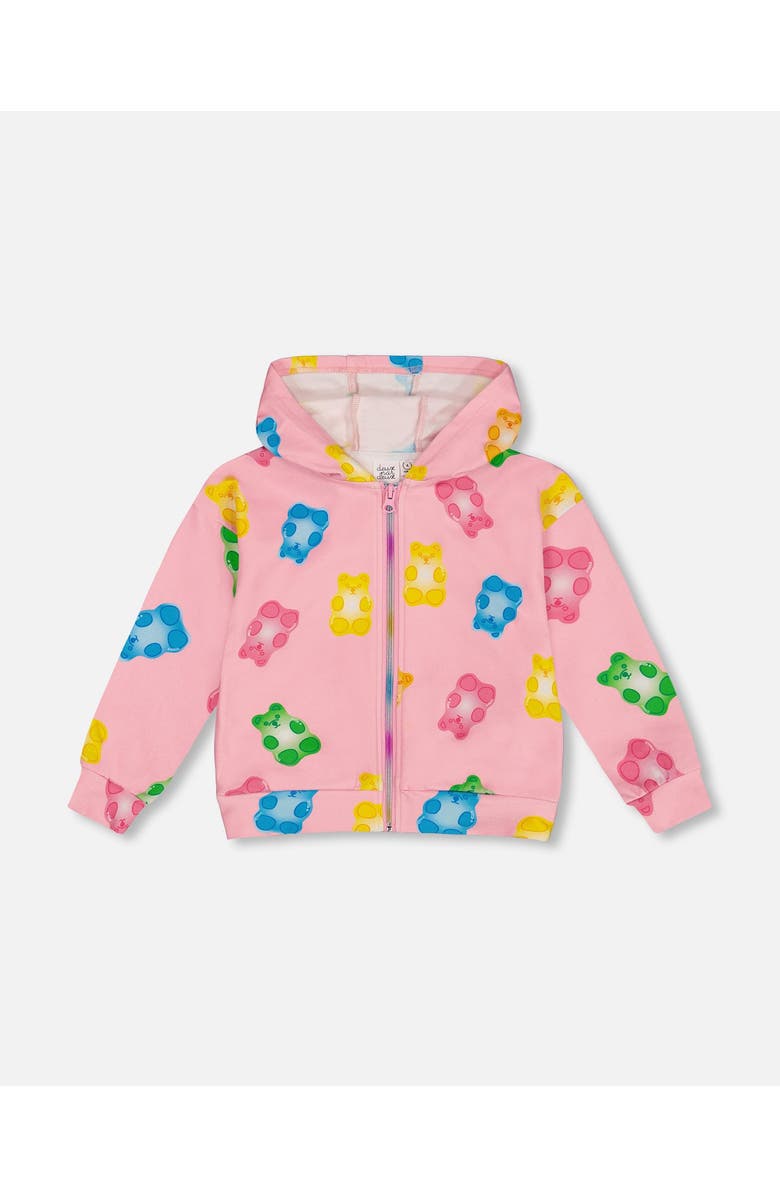 Deux par Deux Little Girl's Printed French Terry Hoodie Cardigan Pink Multicolored Gummies, Main, color, 