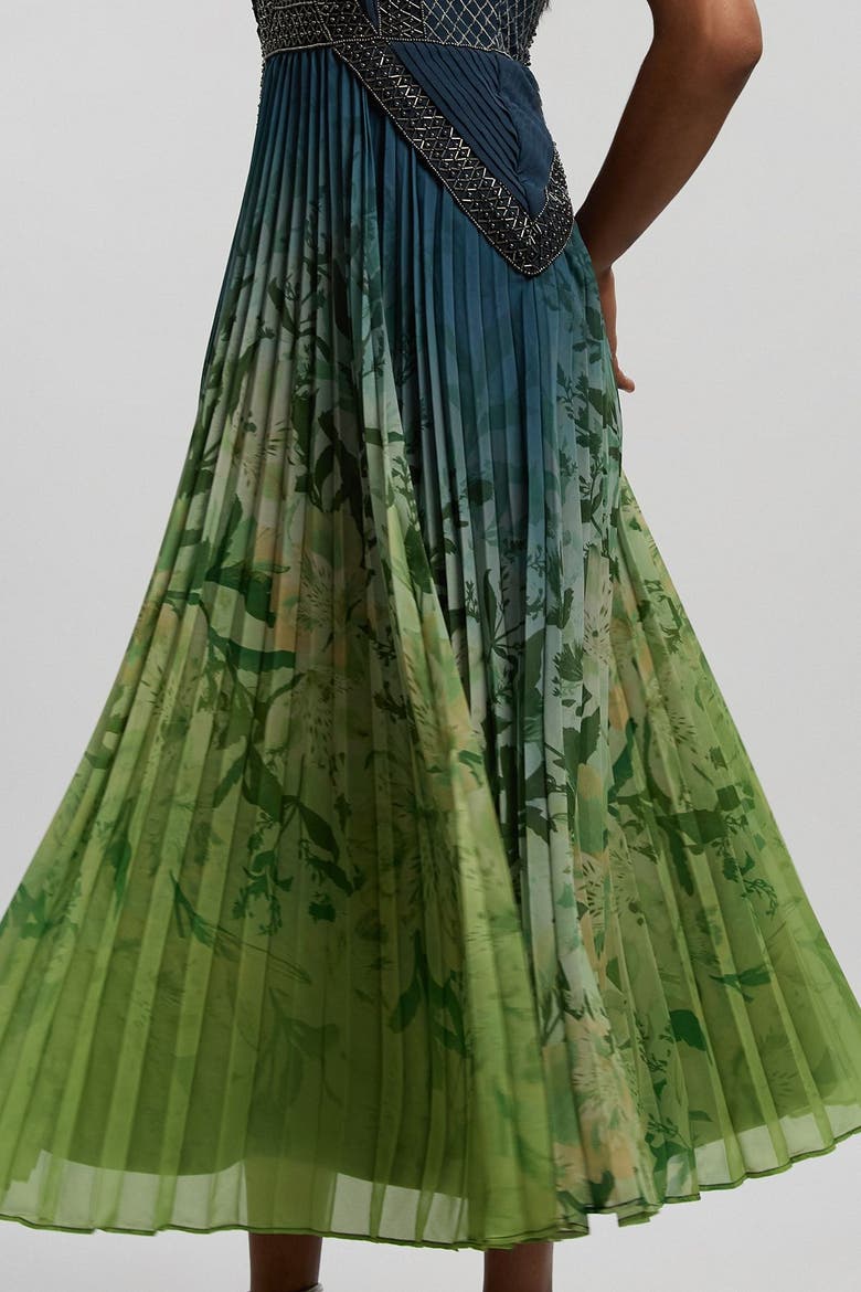Embellished Pleated Maxi Dress, Alternate, color, Navy