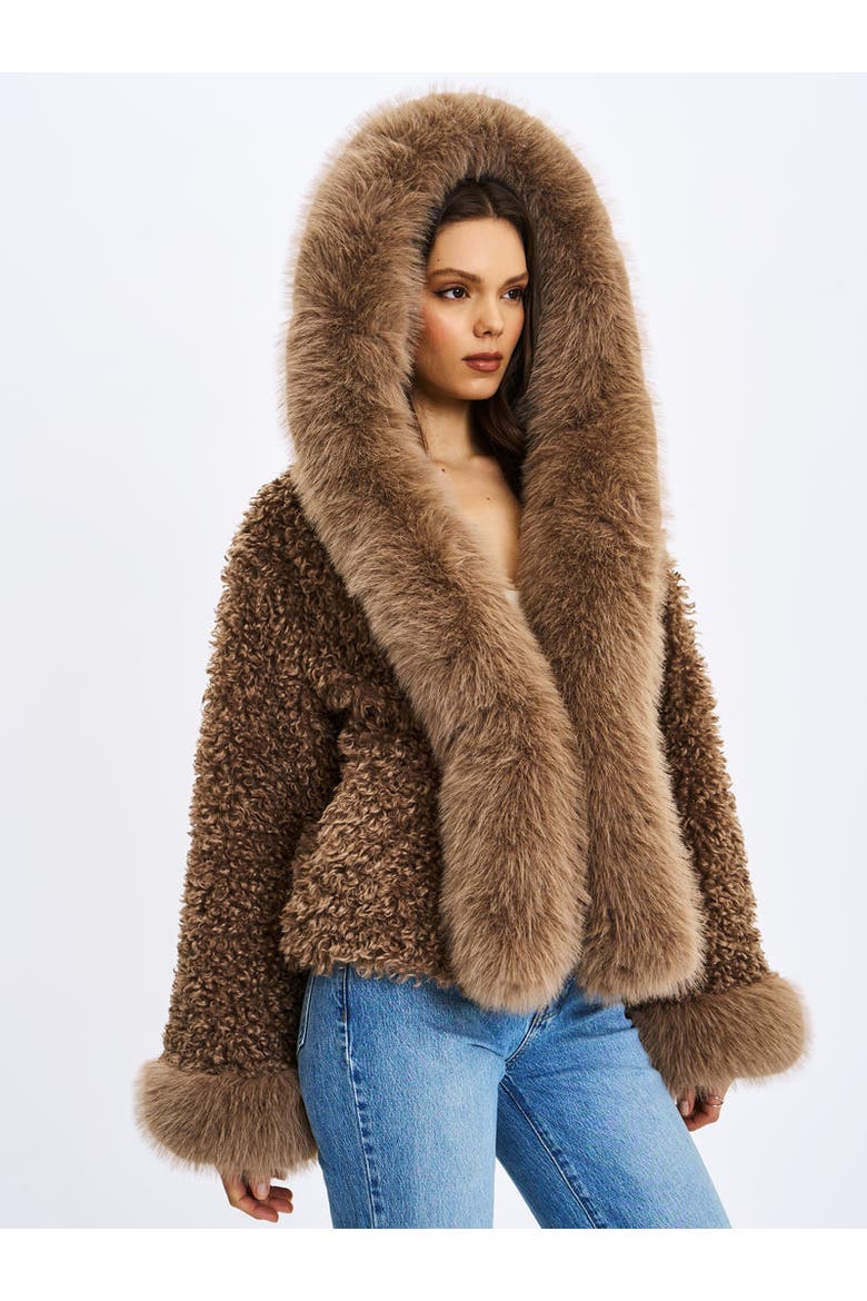 Faux Shearling Fur Jumbo Kali Hooded Coat, Alternate, color, Brown