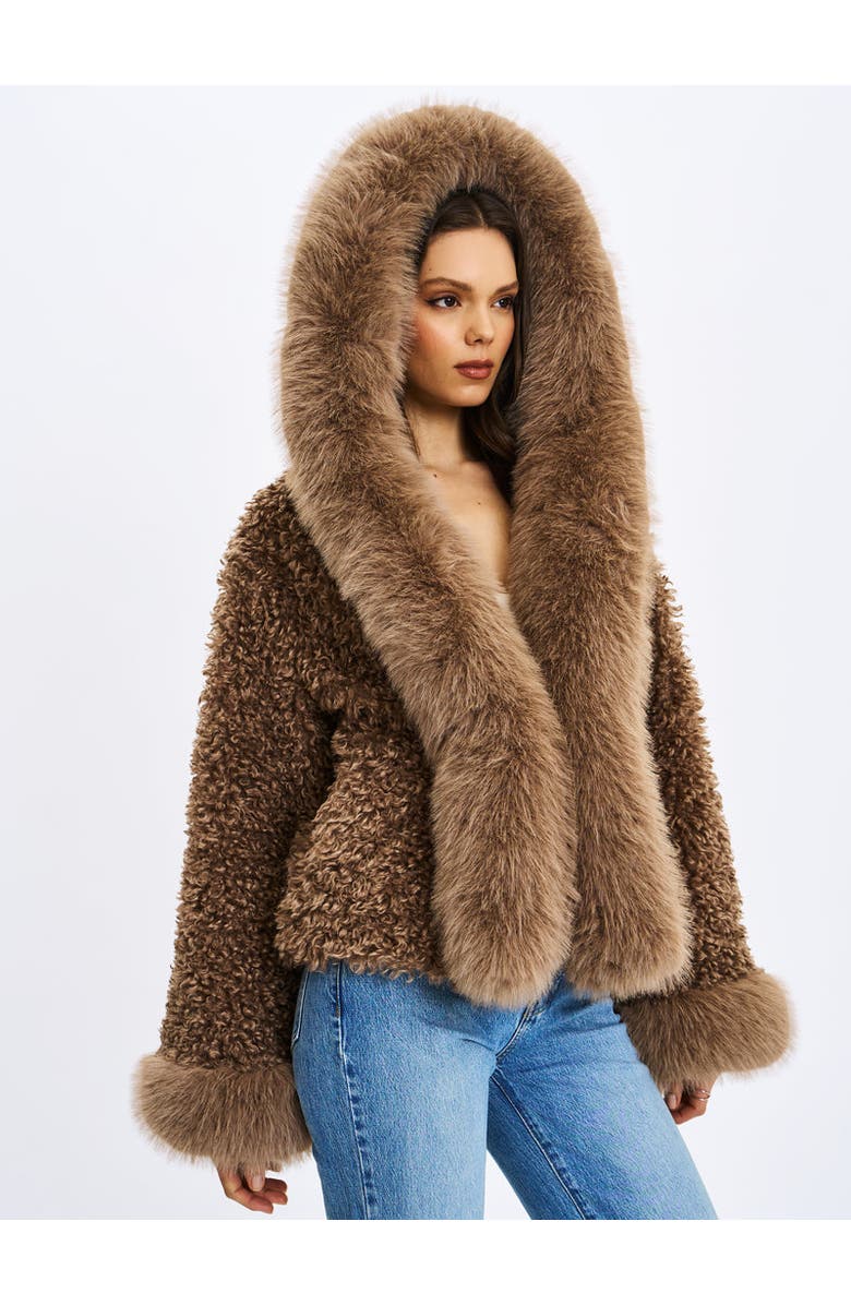 Miss Circle Faux Shearling Fur Jumbo Kali Hooded Coat, Alternate, color, Brown
