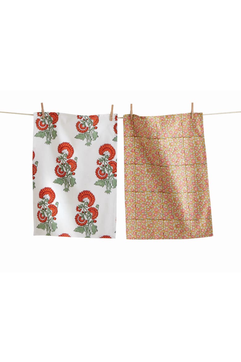 Phool Block Print Kitchen Towel Set of Two Multicolor Cotton, Main, color, White