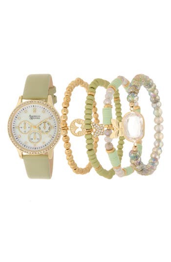 American Exchange Crystal Chronograph Faux Leather Strap Watch & Assorted Bracelets Set, 38mm In Green