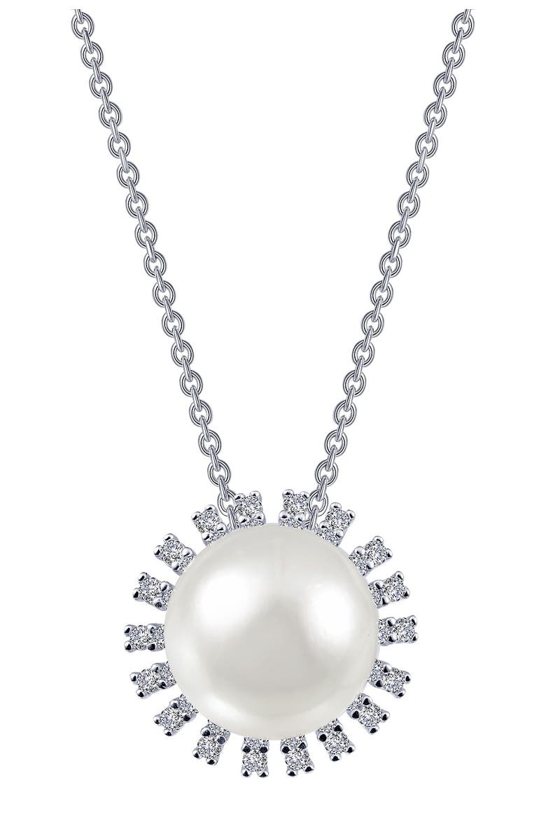 Lafonn Platinum Over Sterling Silver Micro Pave Simulated Diamond & 5mm Freshwater Pearl Pendant Necklace, Main, color,