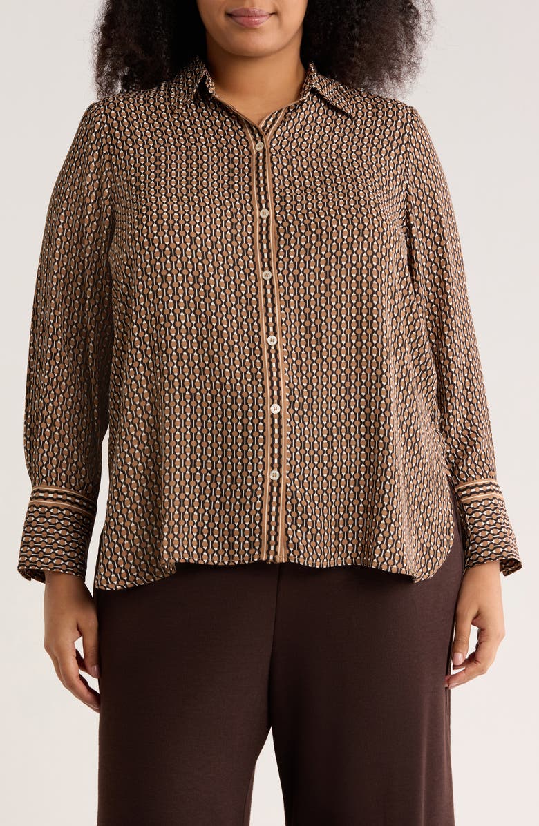 MAX STUDIO Circle Stripe Long Sleeve Button-Up Shirt, Main, color, Black/ Camel/ Cream