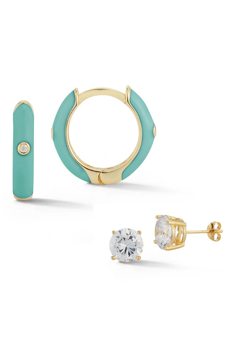 14K Yellow Gold Vermeil Enamel Huggie & Round CZ Stud Earrings Set, Main, color, YELLOW GOLD