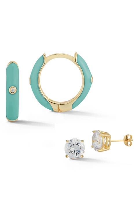 14K Yellow Gold Vermeil Enamel Huggie & Round CZ Stud Earrings Set