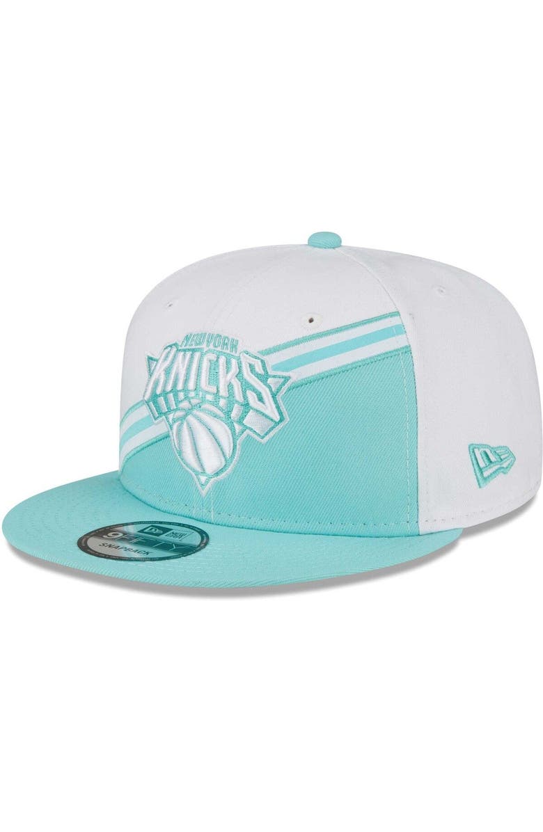 New Era Men's New Era White/Turquoise New York Knicks Diagonal Split 9FIFTY Snapback Hat, Main, color, 