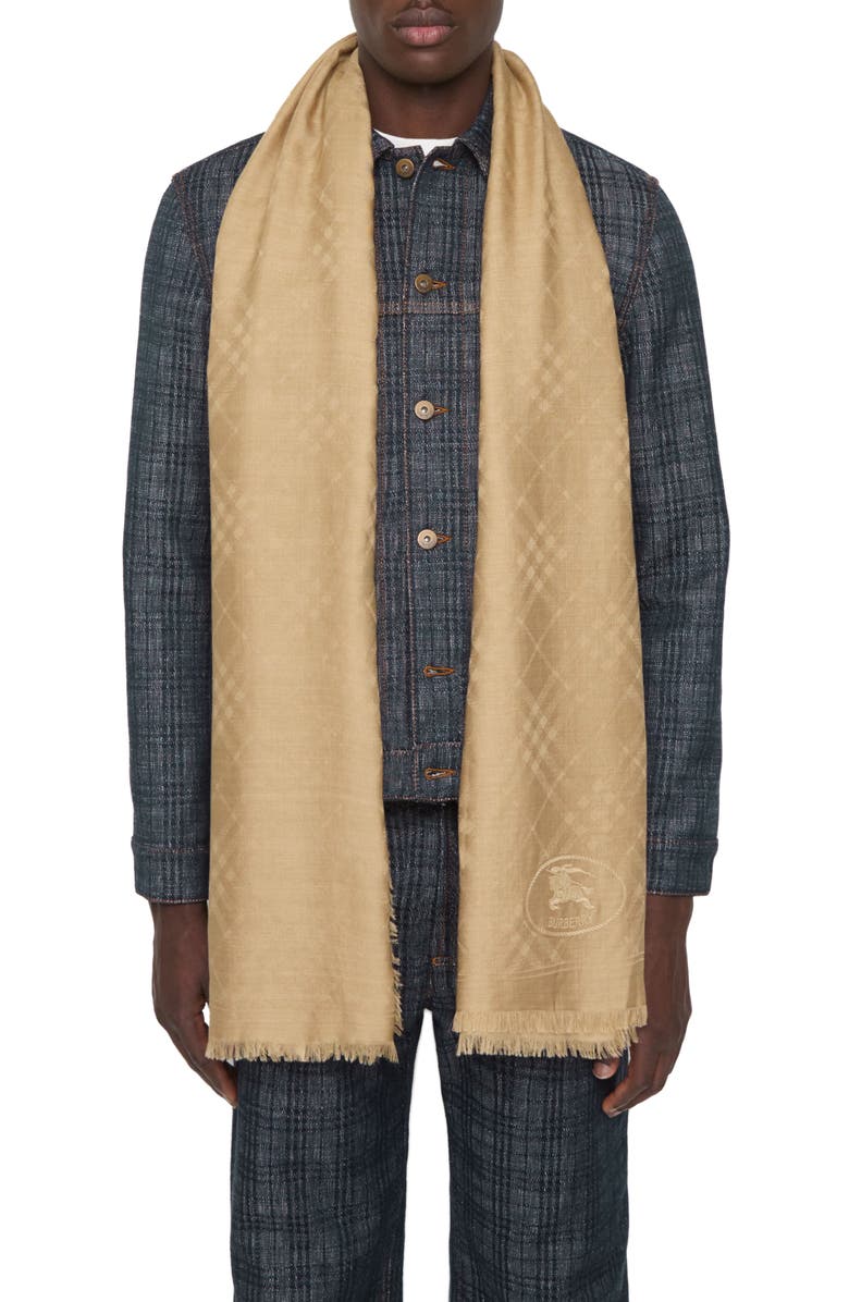 Burberry Check EKD Embroidered Wool & Silk Scarf, Alternate, color, Sand