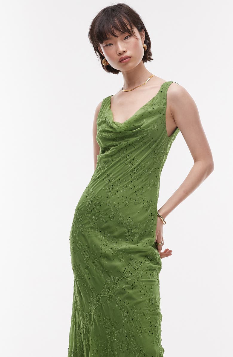 Topshop Eyelet Embroidery Cowl Neck Sleeveless Dress, Alternate, color,