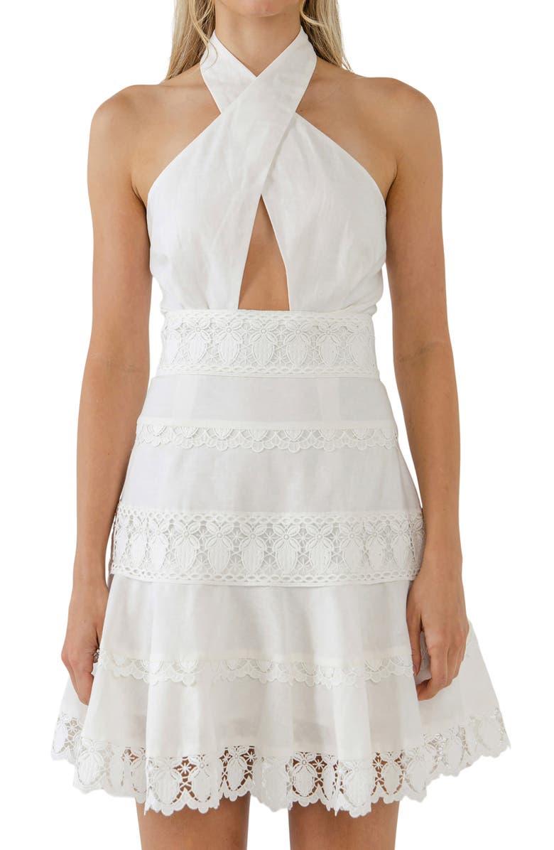 Endless Rose Halter Lace Trim Cotton & Linen Minidress, Alternate, color, White