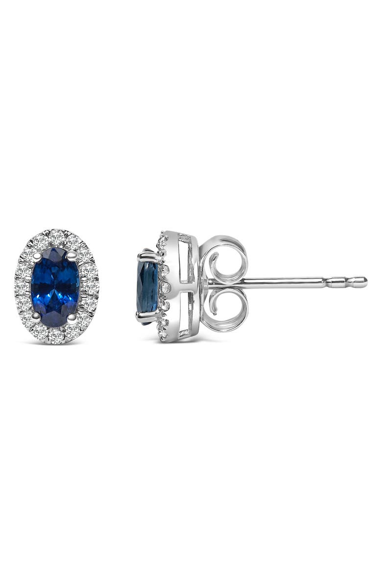 10K White Gold 5x3 MM Oval Cut Birthstone and Diamond Halo Stud Earrings, Alternate, color, Blue Sapphire