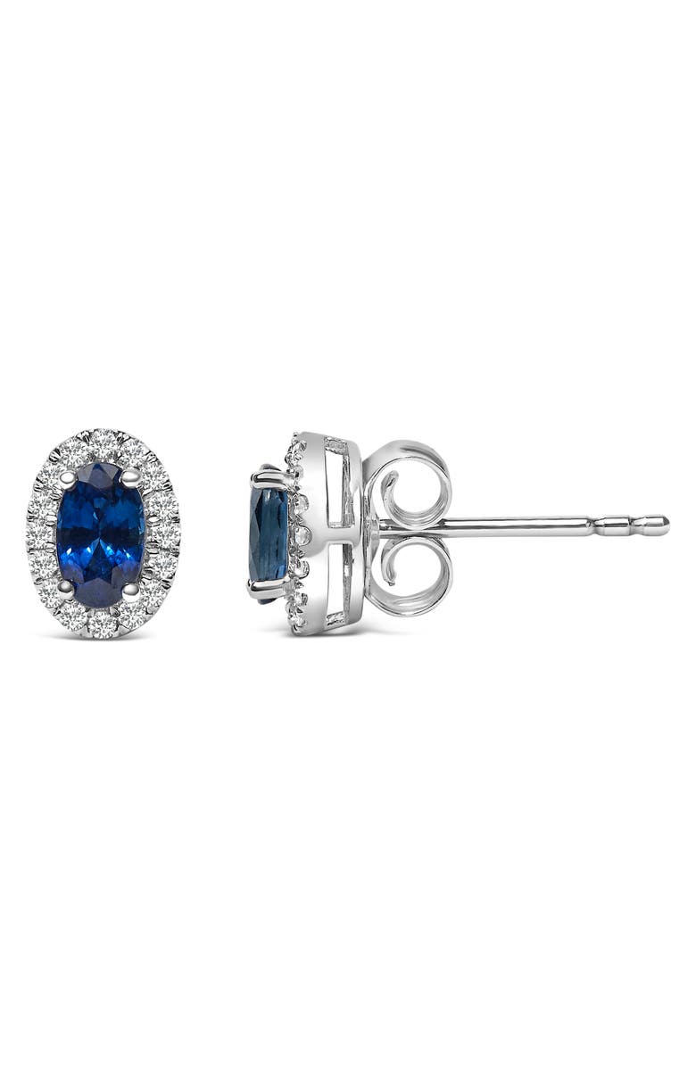 Haus of Brilliance 10K White Gold 5x3 MM Oval Cut Birthstone and Diamond Halo Stud Earrings, Alternate, color, Blue Sapphire