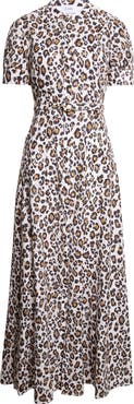 ST. JOHN Leopard Print Cotton Eyelet Belted Shirtdress