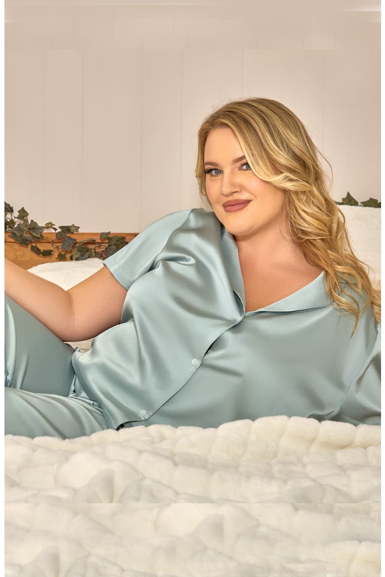 Stretch Satin Pajama Set with Button-Down Top, Alternate, color, Sage
