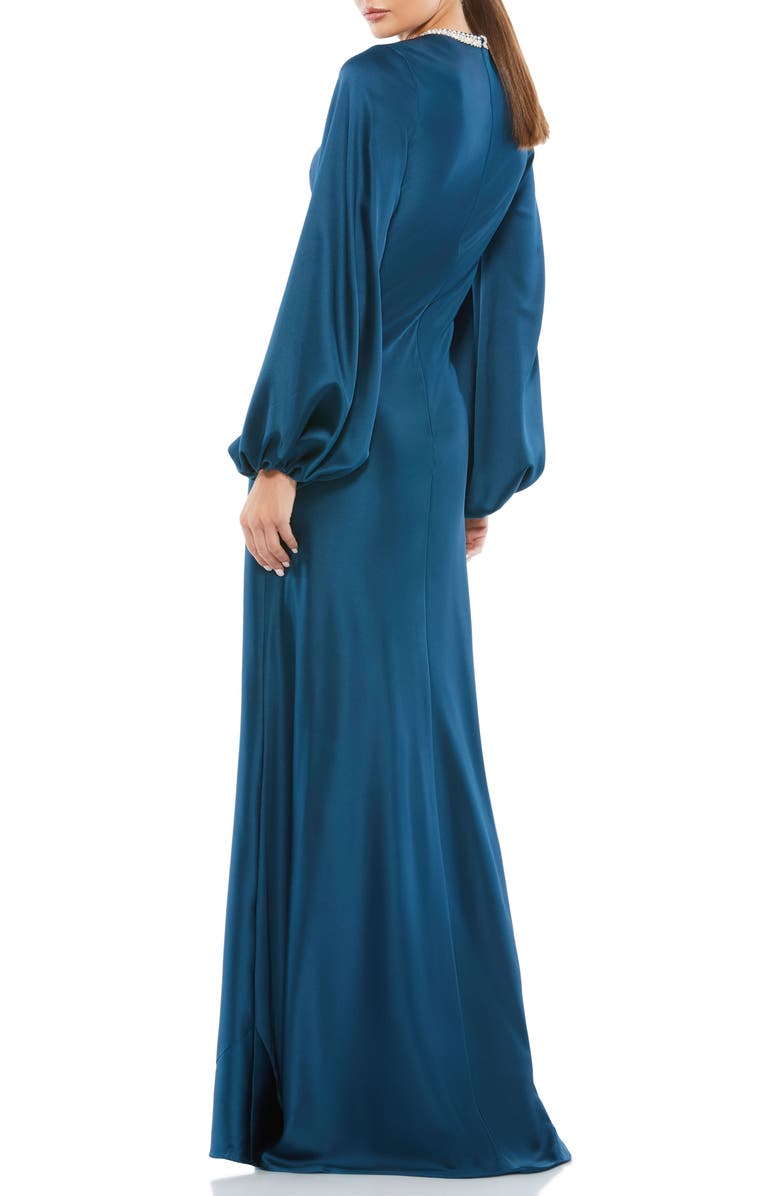 Mac Duggal Beaded High Neck Bishop Sleeve Satin Gown, Alternate, color, Sapphire