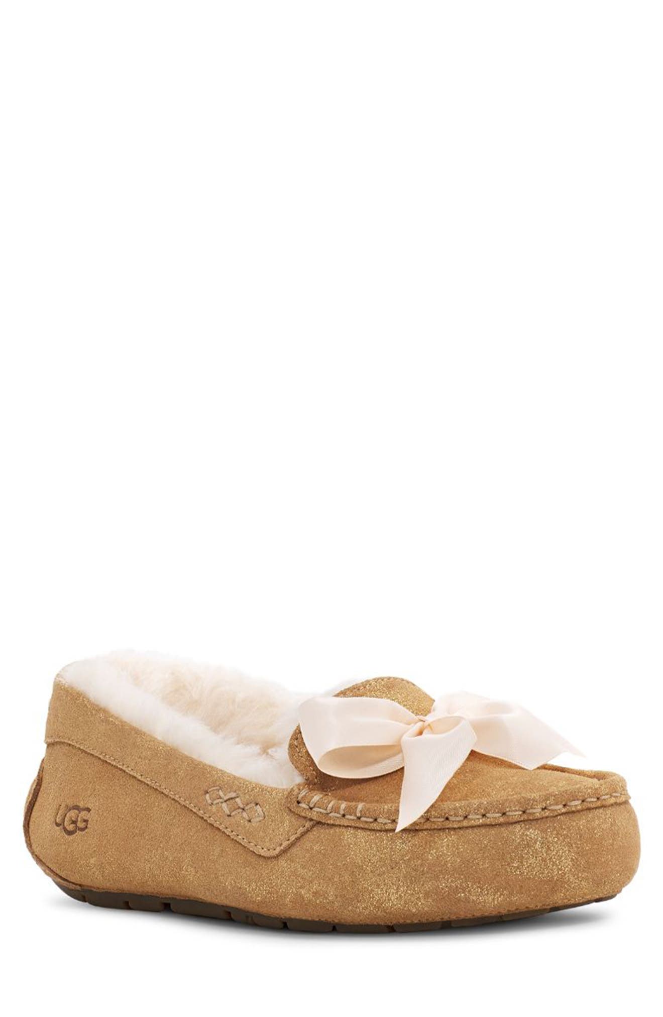 UGG Ansley Bow Glimmer Faux Fur Lined Slipper, Main, color, CHESTNUT