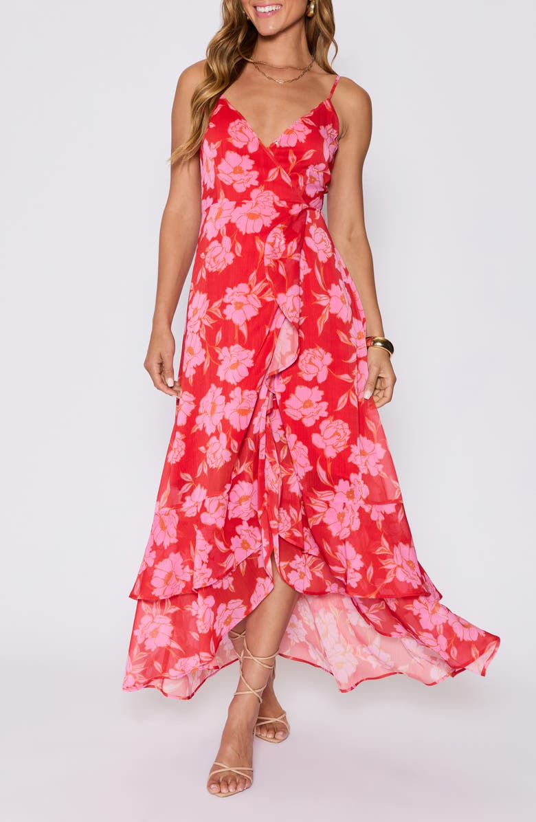 VICI Collection Escape to Paradise Ruffle High-Low Maxi Dress, Main, color, Red/ Pink Floral