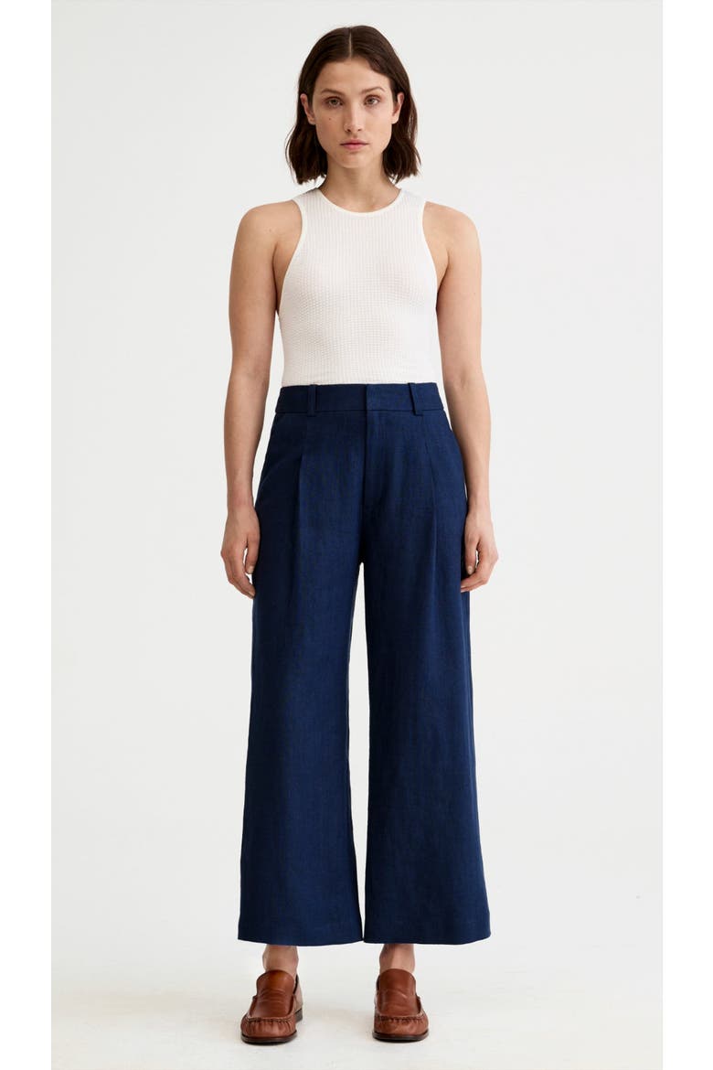 Linen Cropped Pleated Trouser, Main, color, Navy Linen