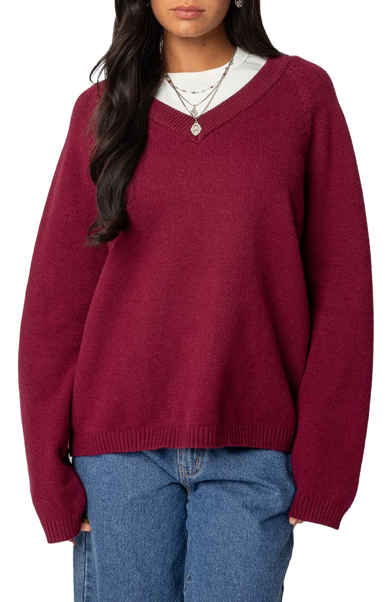 EDIKTED Martha Oversize V-Neck Sweater, Main, color, Burgundy