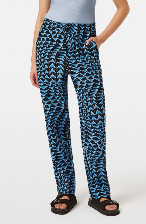 Metallic Stripe Print Cotton Blend Pull-On Pants