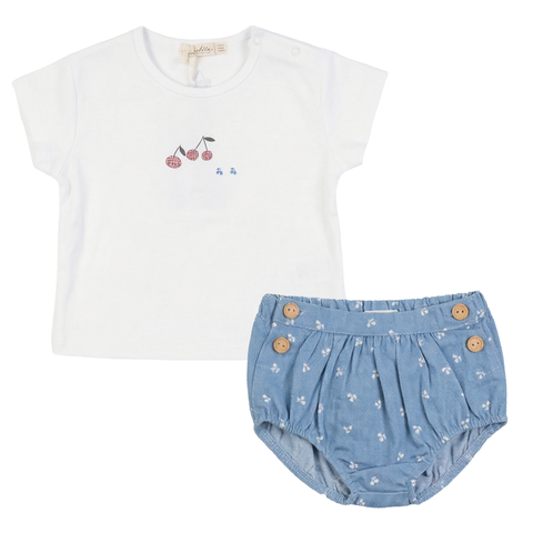 Cherry Snap Shoulder Top Side Button Denim Bloomers Two Piece Set